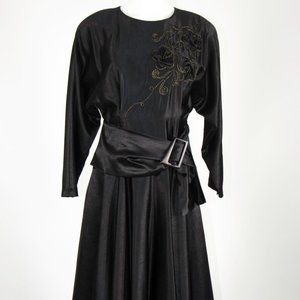 Vintage 80s Avant Garde Black shimmer Formal Dress Long sleeves embroidered M